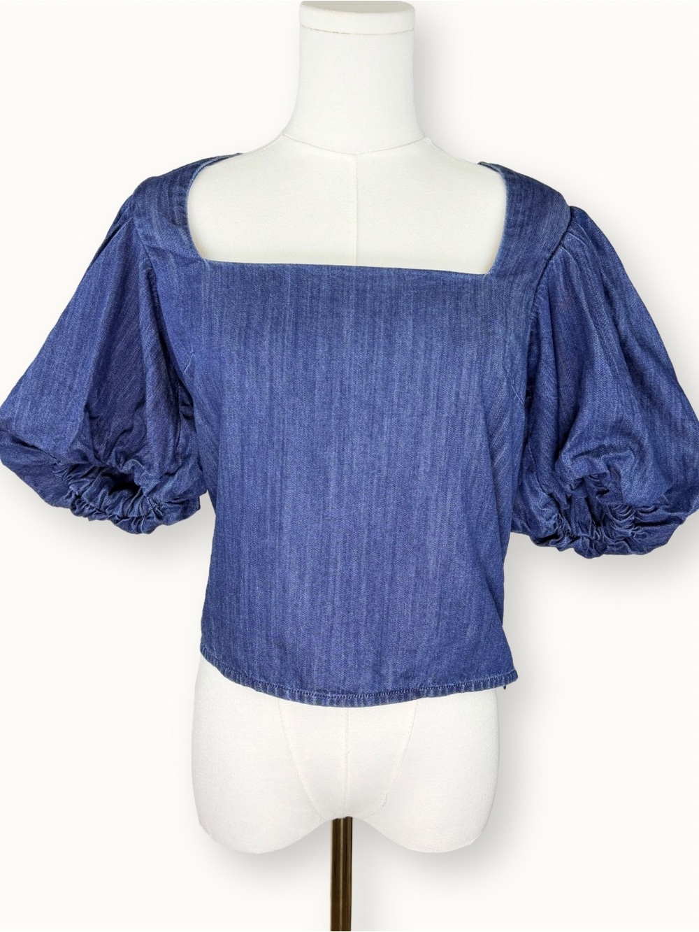 FRAME Nina Puff Sleeve Denim Cropped Blouse Gorham Blue Small